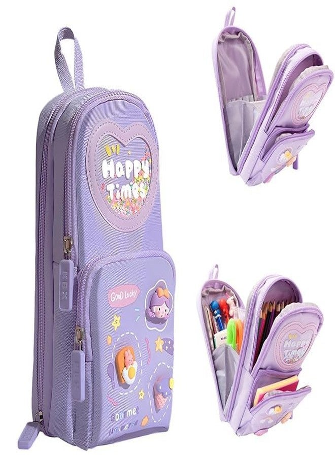 Veemok Premium Canvas Pencil Case - 3 Compartments, 6 Layer Large Capacity Zipper Pouch - Cute Aesthetic “Happy Time” Design for Girls, School Kids, and Office Use - (Pack-1) (Purple) - Image 1